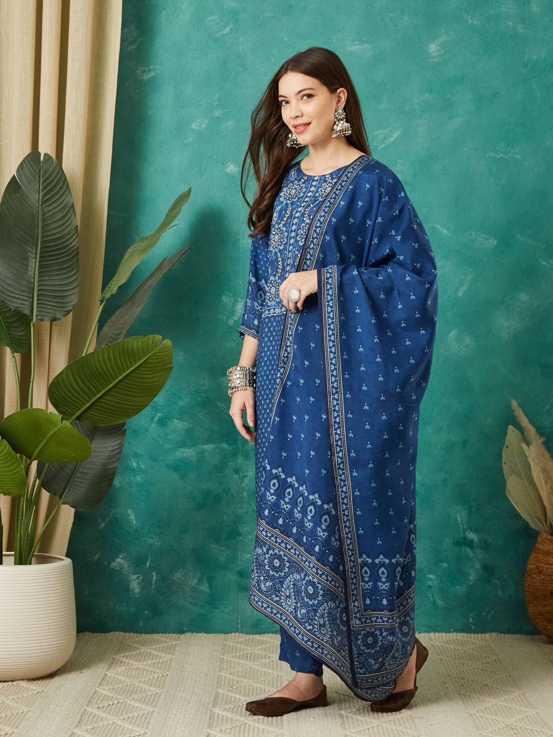 VASVI Women Muslin Printed Adda Work Kurta Set with Dupatta, Blue