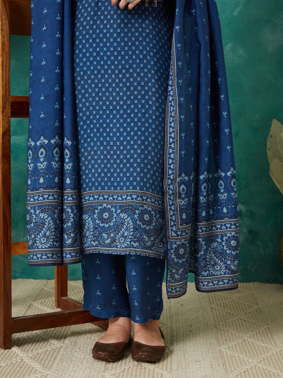 VASVI Women Muslin Printed Adda Work Kurta Set with Dupatta, Blue
