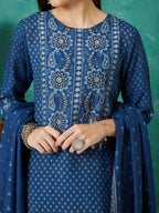 VASVI Women Muslin Printed Adda Work Kurta Set with Dupatta, Blue