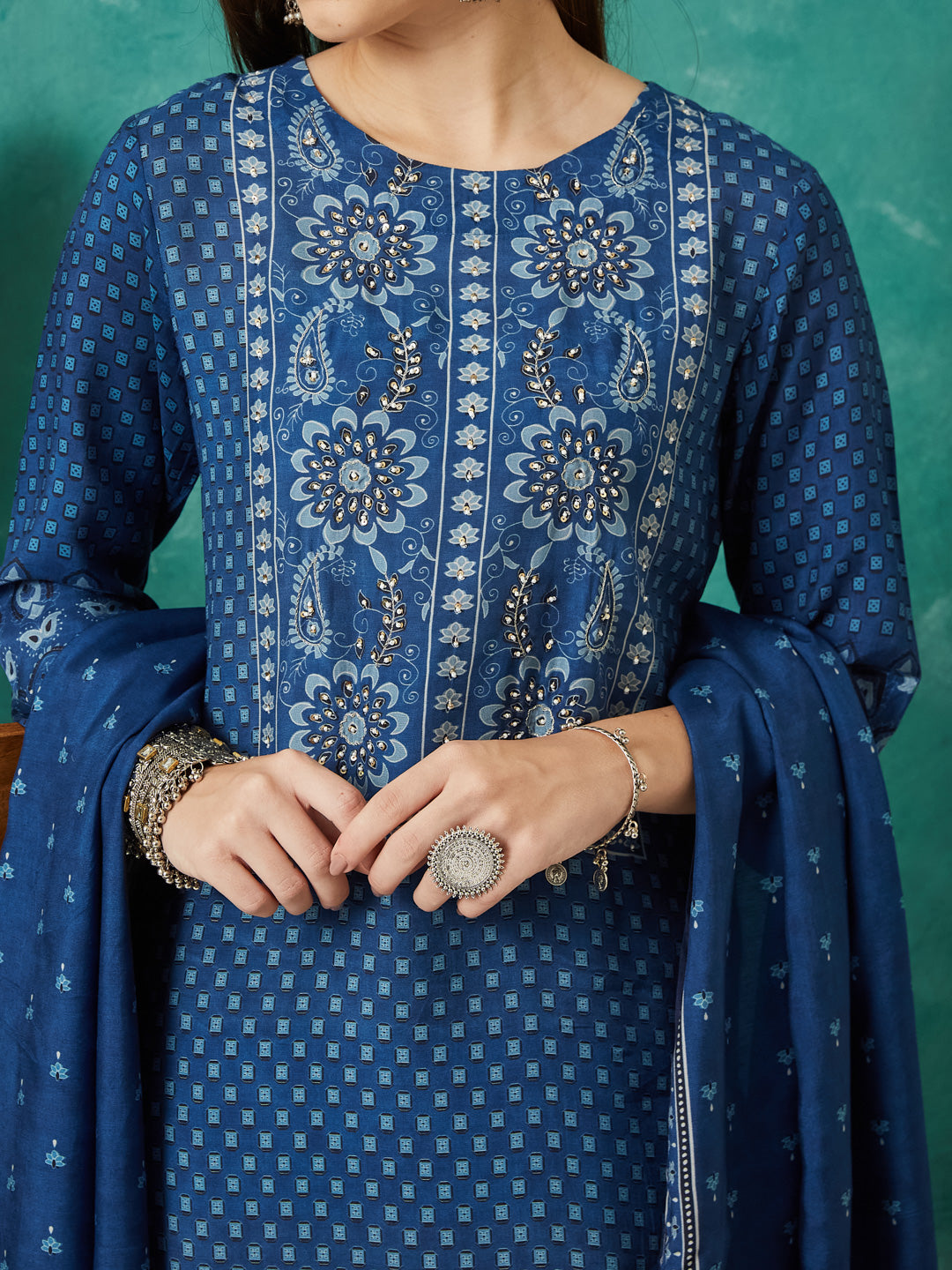 VASVI Women Muslin Printed Adda Work Kurta Set with Dupatta, Blue