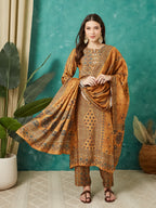VASVI Muslin Printed Adda Work Straight Kurta Pant with Dupatta, Mustard