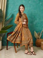 VASVI Muslin Printed Adda Work Straight Kurta Pant with Dupatta, Mustard