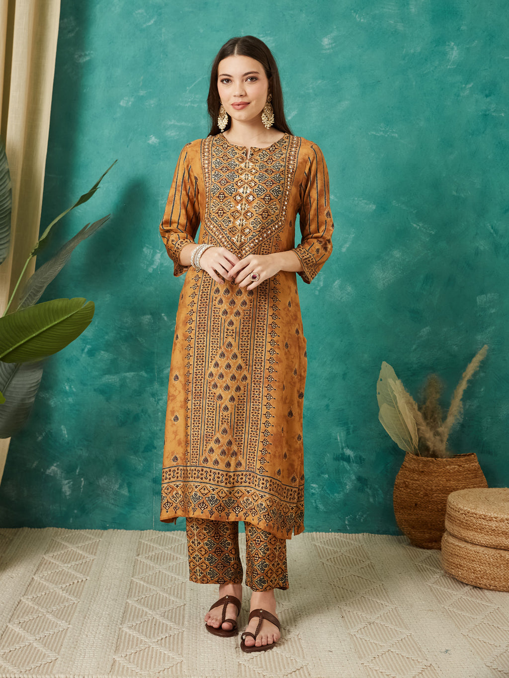 VASVI Muslin Printed Adda Work Straight Kurta Pant with Dupatta, Mustard
