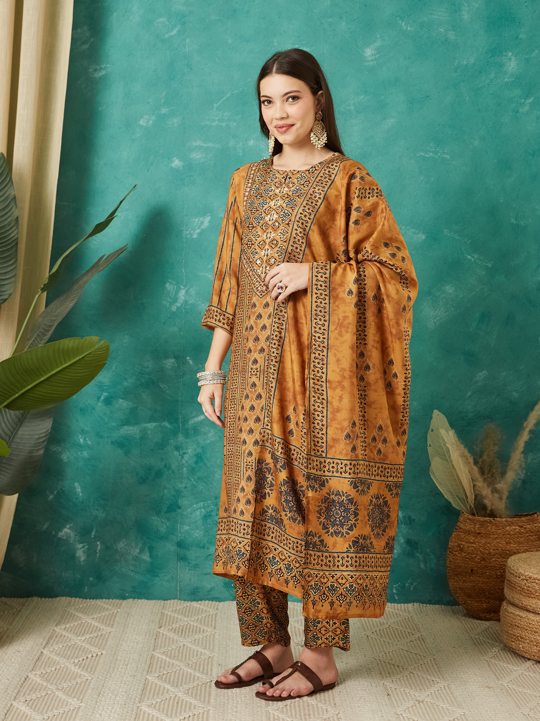 VASVI Muslin Printed Adda Work Straight Kurta Pant with Dupatta, Mustard