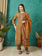 VASVI Muslin Printed Adda Work Straight Kurta Pant with Dupatta, Mustard