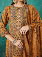 VASVI Muslin Printed Adda Work Straight Kurta Pant with Dupatta, Mustard