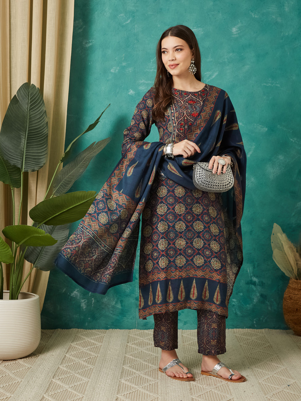 VASVI Women Muslin Printed Adda Work Kurta Set with Dupatta, Blue