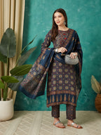 VASVI Women Muslin Printed Adda Work Kurta Set with Dupatta, Blue