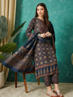 VASVI Women Muslin Printed Adda Work Kurta Set with Dupatta, Blue