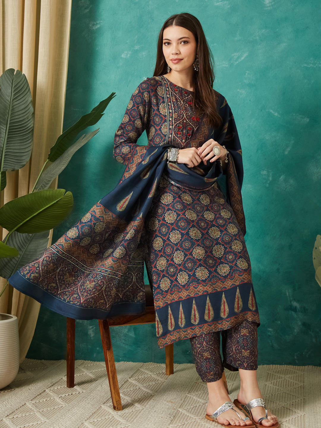 VASVI Women Muslin Printed Adda Work Kurta Set with Dupatta, Blue