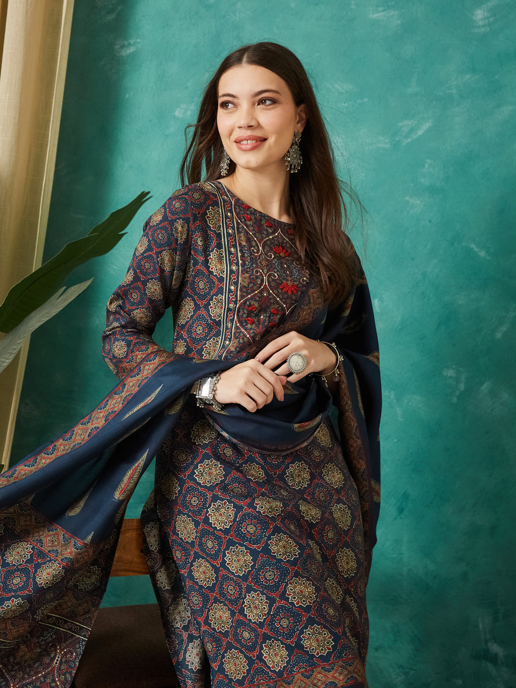 VASVI Women Muslin Printed Adda Work Kurta Set with Dupatta, Blue