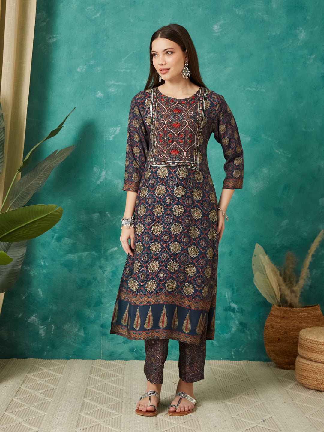 VASVI Women Muslin Printed Adda Work Kurta Set with Dupatta, Blue