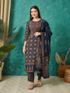 VASVI Women Muslin Printed Adda Work Kurta Set with Dupatta, Blue