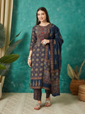 VASVI Women Muslin Printed Adda Work Kurta Set with Dupatta, Blue