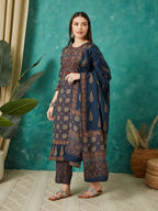 VASVI Women Muslin Printed Adda Work Kurta Set with Dupatta, Blue