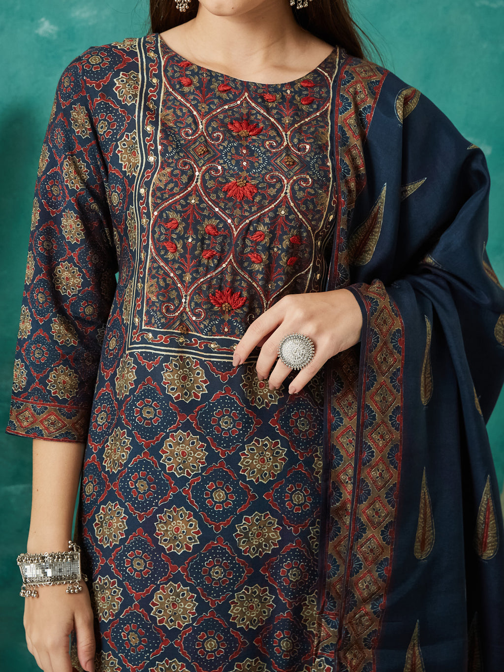 VASVI Women Muslin Printed Adda Work Kurta Set with Dupatta, Blue