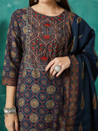 VASVI Women Muslin Printed Adda Work Kurta Set with Dupatta, Blue
