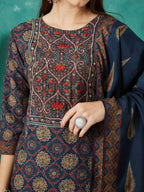VASVI Women Muslin Printed Adda Work Kurta Set with Dupatta, Blue