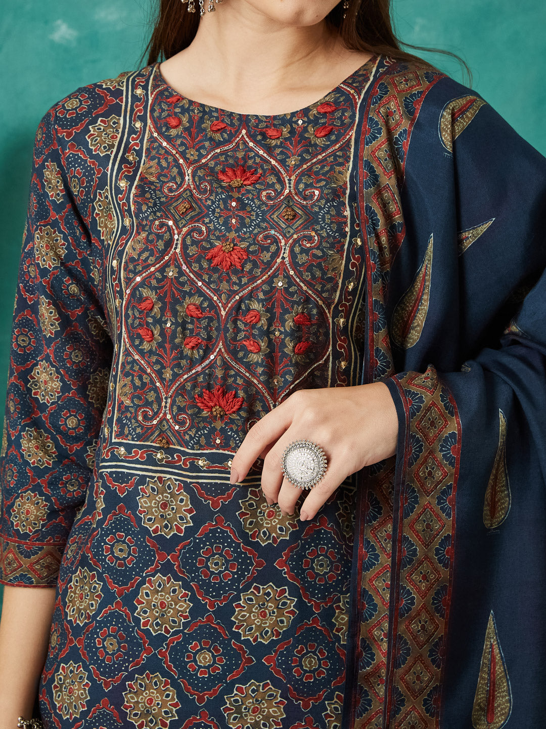 VASVI Women Muslin Printed Adda Work Kurta Set with Dupatta, Blue