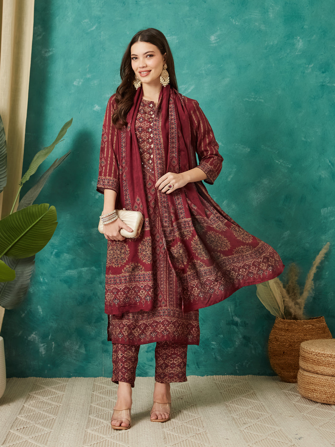 VASVI Women Muslin Printed Adda Work Kurta Set with Dupatta, Maroon