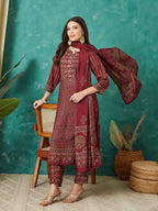 VASVI Women Muslin Printed Adda Work Kurta Set with Dupatta, Maroon