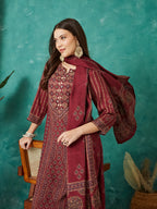 VASVI Women Muslin Printed Adda Work Kurta Set with Dupatta, Maroon