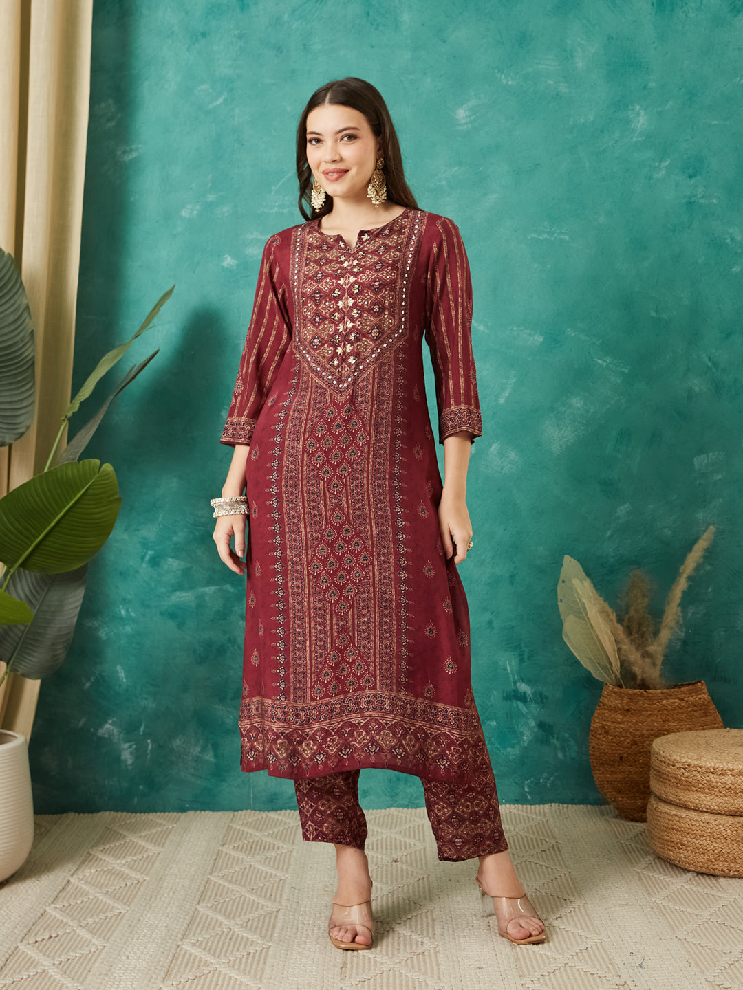 VASVI Women Muslin Printed Adda Work Kurta Set with Dupatta, Maroon