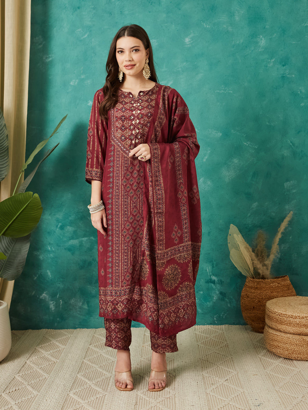 VASVI Women Muslin Printed Adda Work Kurta Set with Dupatta, Maroon