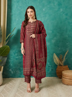 VASVI Women Muslin Printed Adda Work Kurta Set with Dupatta, Maroon
