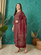 VASVI Women Muslin Printed Adda Work Kurta Set with Dupatta, Maroon