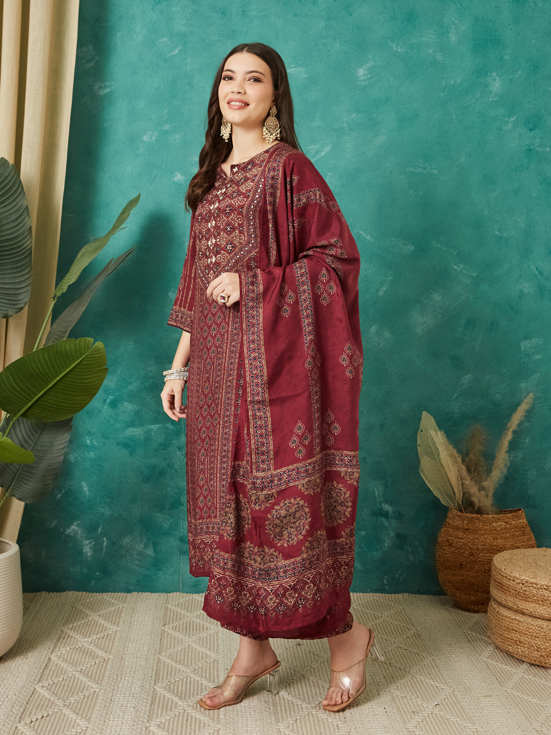 VASVI Women Muslin Printed Adda Work Kurta Set with Dupatta, Maroon
