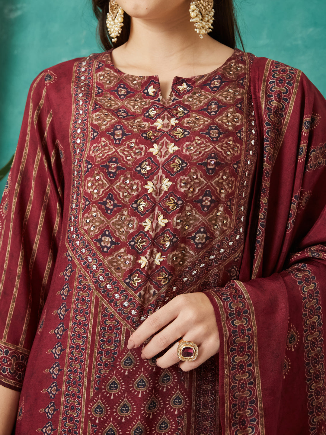 VASVI Women Muslin Printed Adda Work Kurta Set with Dupatta, Maroon