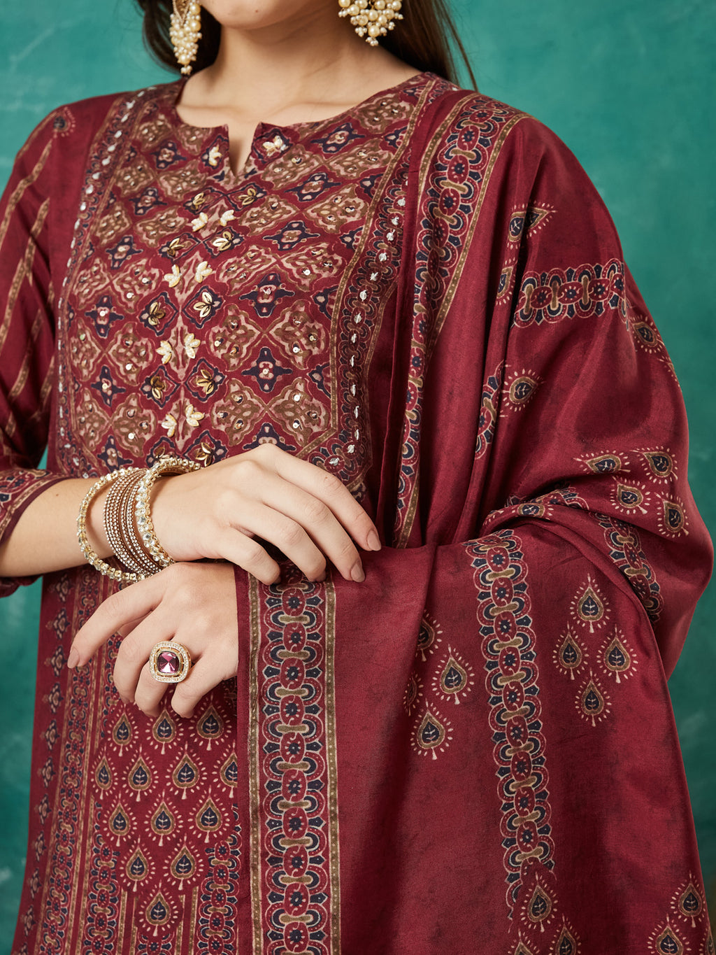 VASVI Women Muslin Printed Adda Work Kurta Set with Dupatta, Maroon