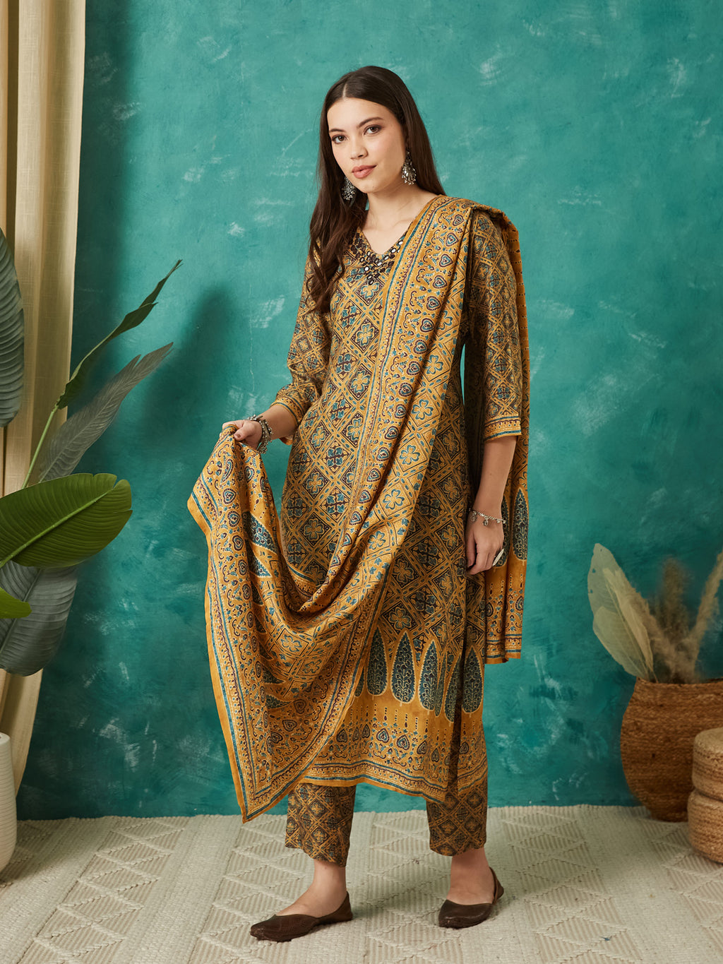 VASVI Muslin Printed Adda Work Kurta Pant with Dupatta, Mustard