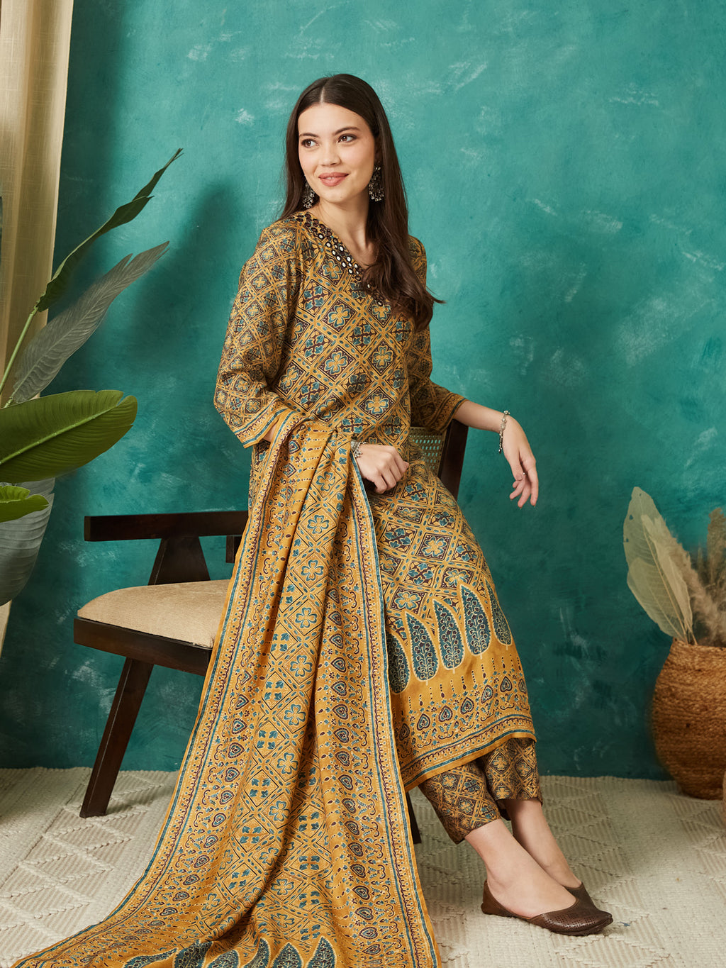 VASVI Muslin Printed Adda Work Kurta Pant with Dupatta, Mustard
