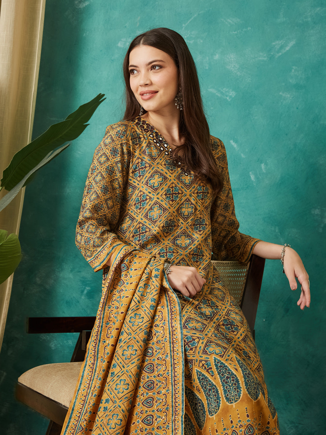 VASVI Muslin Printed Adda Work Kurta Pant with Dupatta, Mustard
