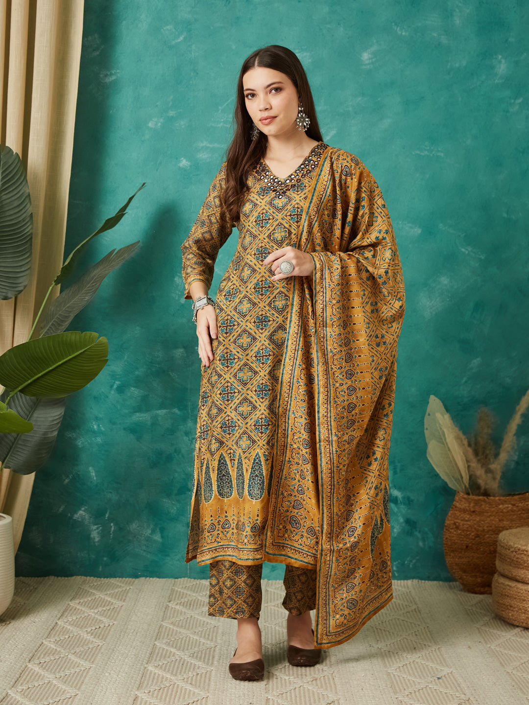 VASVI Muslin Printed Adda Work Kurta Pant with Dupatta, Mustard