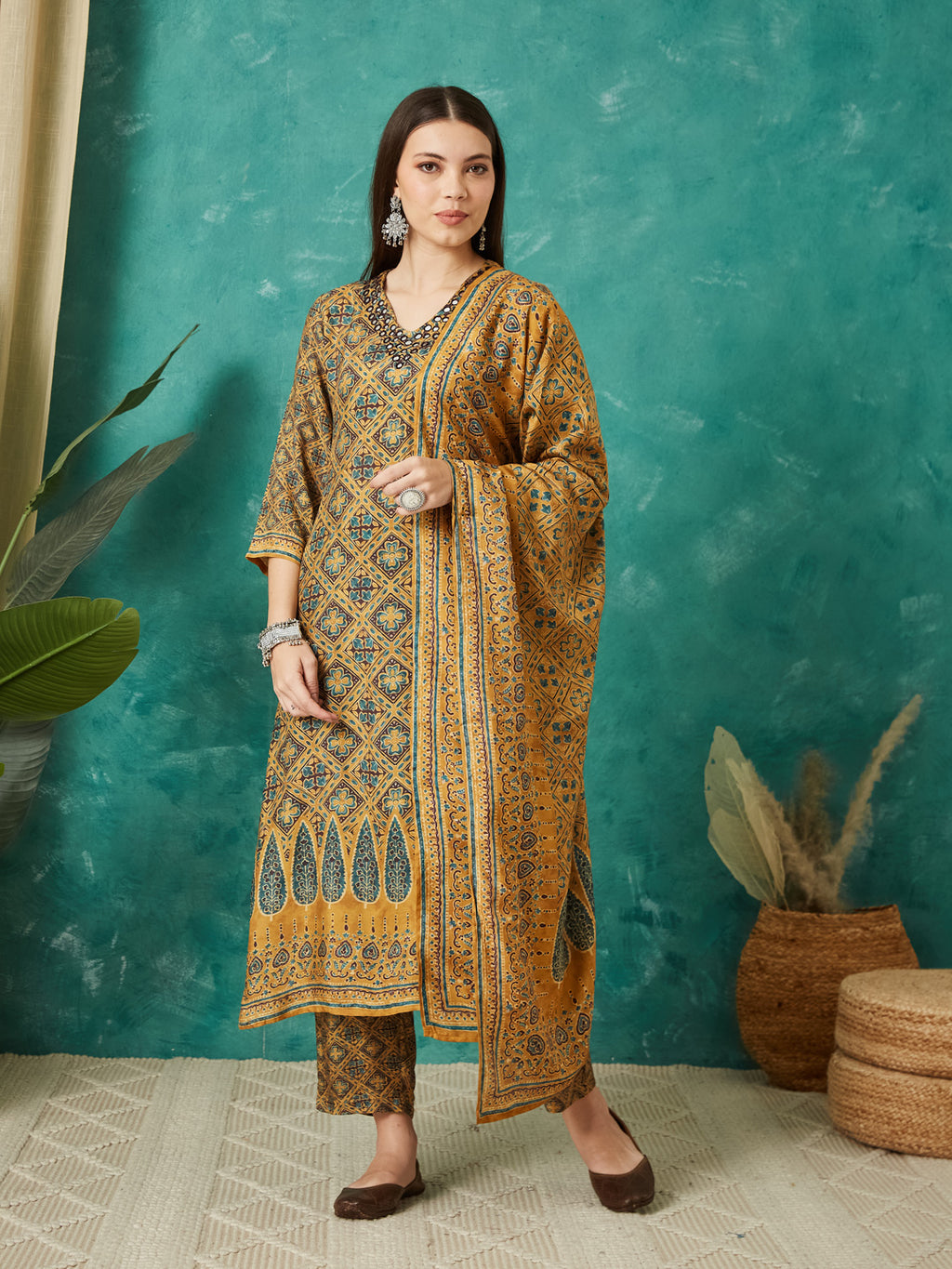 VASVI Muslin Printed Adda Work Kurta Pant with Dupatta, Mustard
