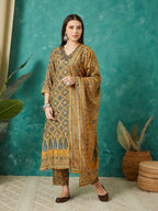 VASVI Muslin Printed Adda Work Kurta Pant with Dupatta, Mustard