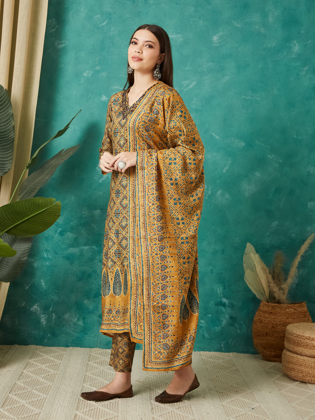 VASVI Muslin Printed Adda Work Kurta Pant with Dupatta, Mustard