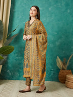 VASVI Muslin Printed Adda Work Kurta Pant with Dupatta, Mustard