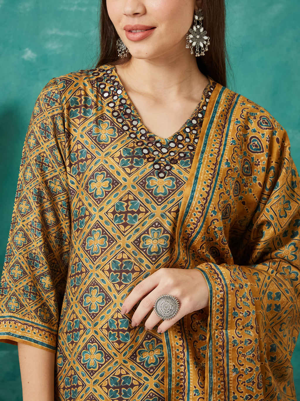 VASVI Muslin Printed Adda Work Kurta Pant with Dupatta, Mustard