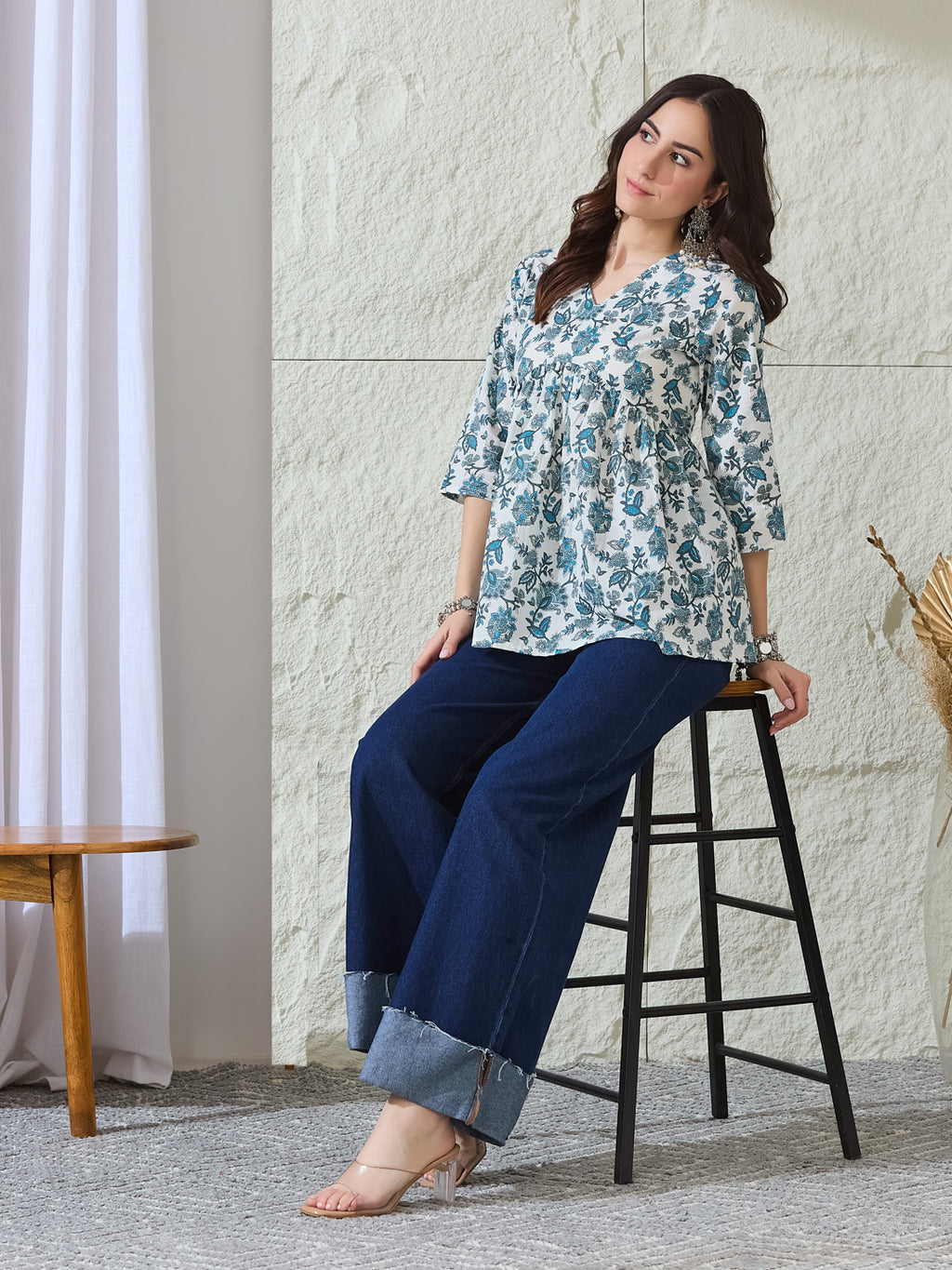 VASVI Women Cotton Printed Gather Top, Blue