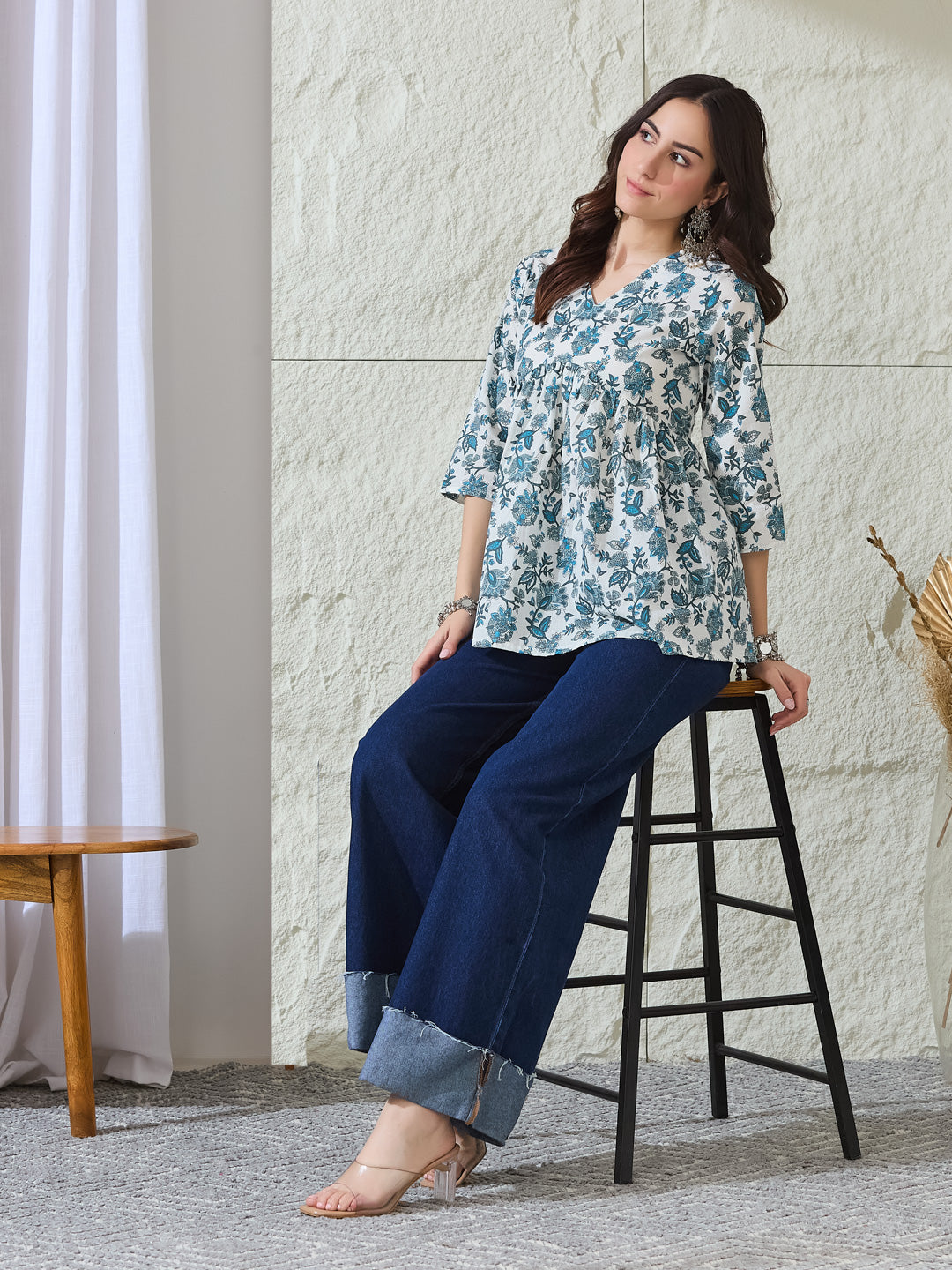 VASVI Women Cotton Printed Gather Top, Blue