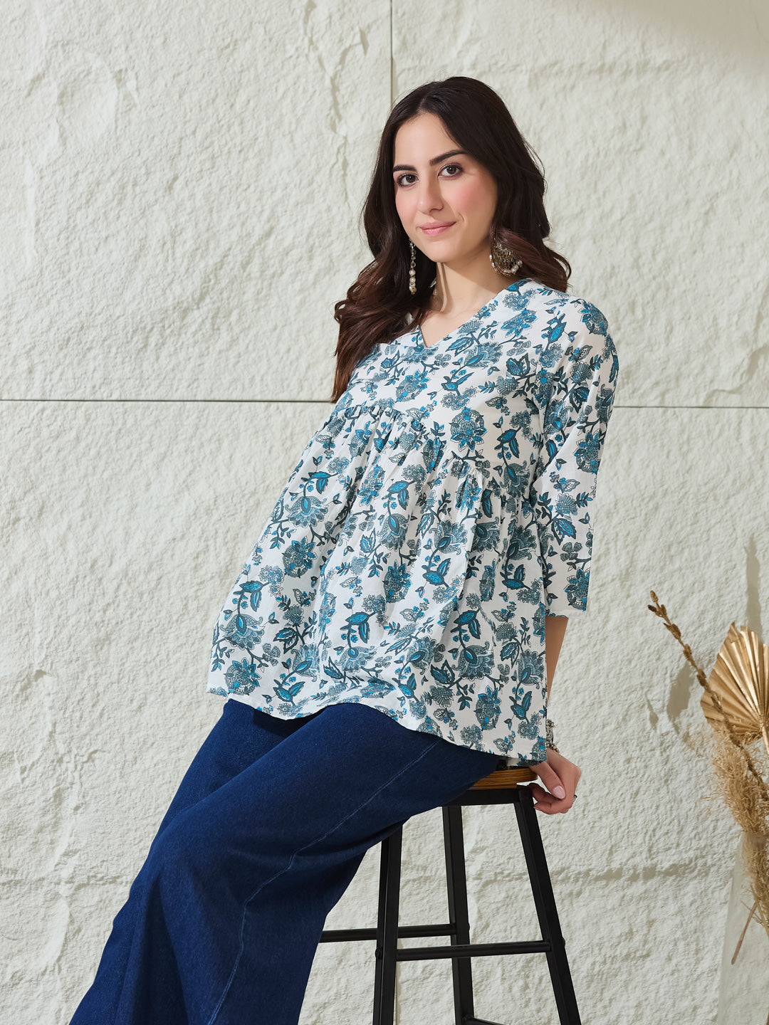 VASVI Women Cotton Printed Gather Top, Blue