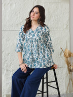 VASVI Women Cotton Printed Gather Top, Blue