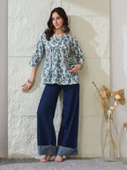 VASVI Women Cotton Printed Gather Top, Blue
