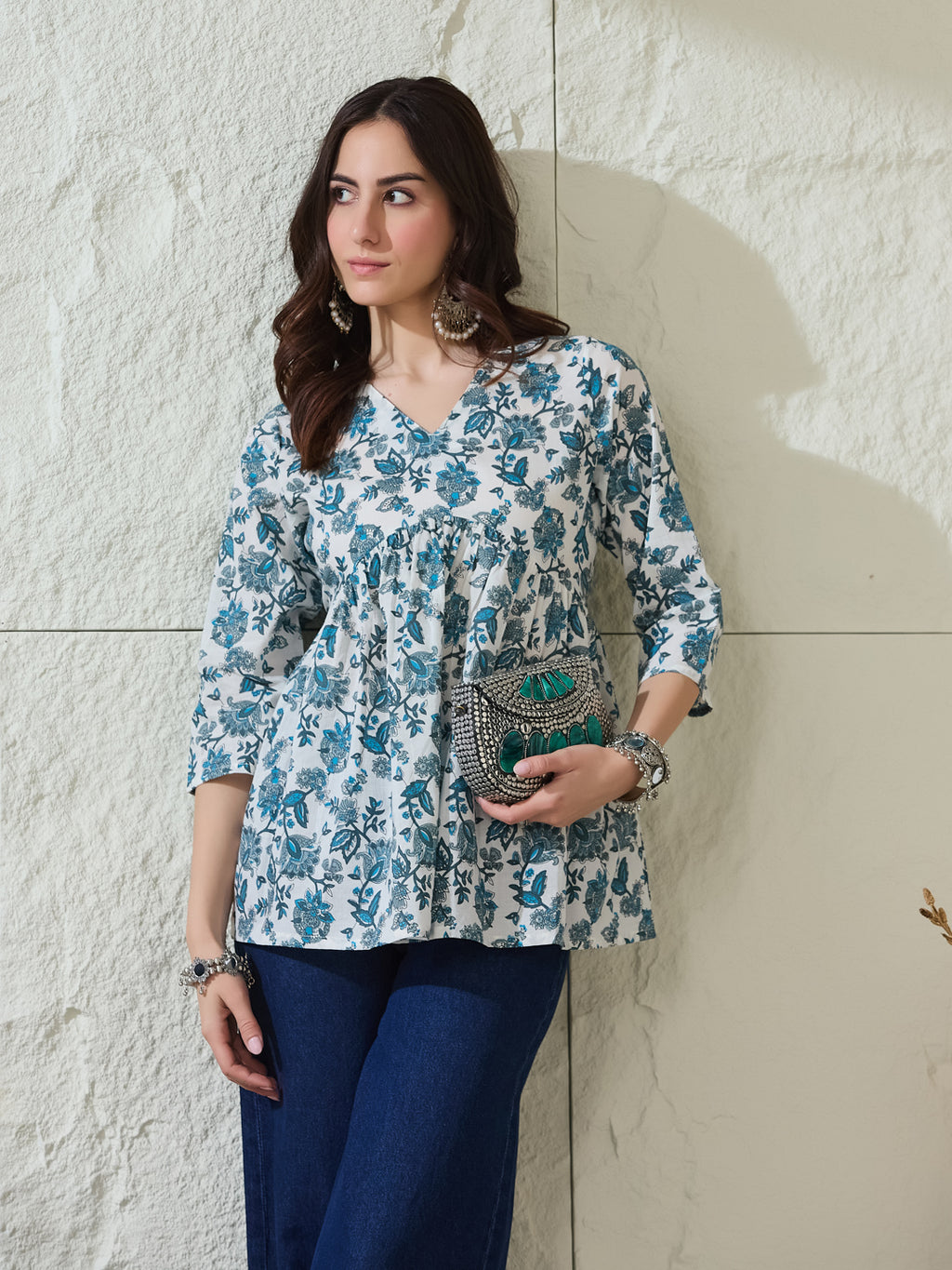 VASVI Women Cotton Printed Gather Top, Blue