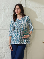 VASVI Women Cotton Printed Gather Top, Blue