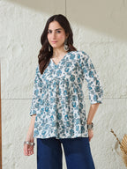 VASVI Women Cotton Printed Gather Top, Blue
